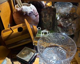 Crystal bowl, Handmade wooden birdhouse, glass Bobeches
