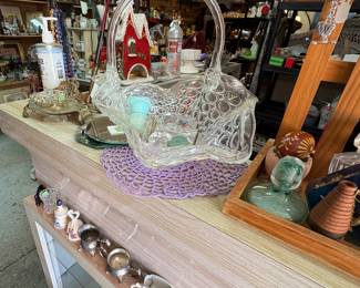Glass stoppers, lg glass basket, small shelf sitters