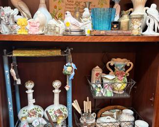 Satin glass, Nippon creamer and sugar, purses, shoes, hat pin holder, bone handle silverware