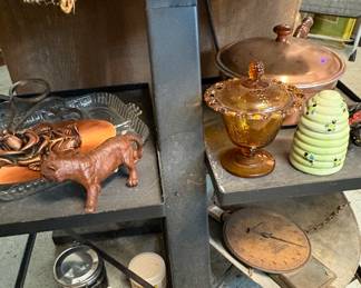 Honey pot, glass candy dish, copper double boiler, relish dishes, antique hanging scale