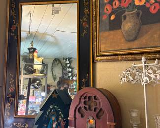 Hand painted lacquer mirror , vintage style radio, metal candle sconce