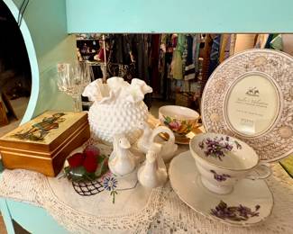 Milk glass Vase, Cups & Saucer sets, Picture frames
