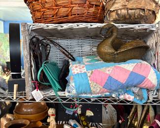 Vintage purses, old baskets, Quilt, wooden bowls and trays 