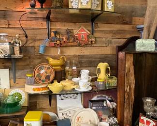 Spice of life metal canisters, Fire king bowl, wooden boxes, corelle mugs 