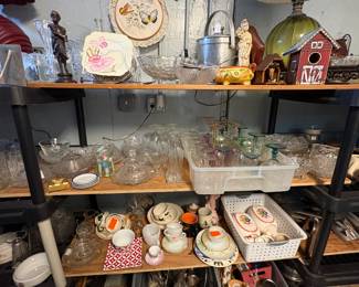 MCM green lamp, Margarita a glasses, wine glasses, random goodies