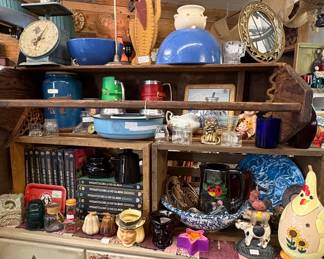 Universal, Hall Bowls, Milk and cream pitchers, brass and cast iron trivets, door stop, glass insulators, Quaker Creamers 