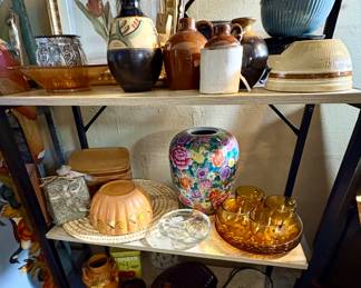 Amber Glass, Mexican Pottery, MCM Wall Sconce Mirror, Longenberger Basket, McCoy, Crocks, Jugs