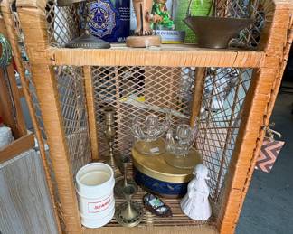 Wooden cat, Brass Basket, sailor, Angel Bell,  antique glass candle holders