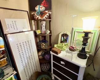 Three drawer dresser, corner shelf, Brass coal bucket, Native American painting

