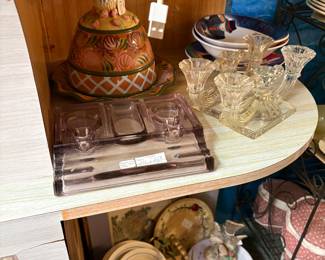 Purple Glass Inkwell, Vintage glass candle holders 