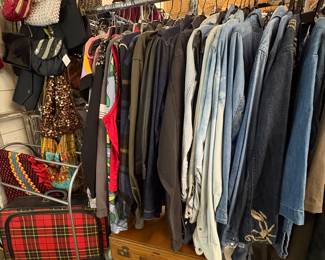 Old luggage Suitcases, Blanket rack, Vintage Clothes, Denim Jackets, embroidered, more purses