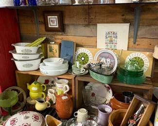 Corning ware green medallion casserole dishes, enamel ware, uranium glass plates, vintage silverware 