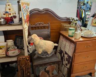 Vintage Metal Fan, antique chairs, vintage Wiod headboard & footboard 