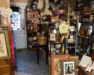 First room full of planters, Mexico pottery, Native American pottery, planters, art, shelving and more