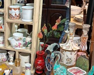 Powder Box, Dresser set, Avon Bottles,  shaving mugs, mustache cups