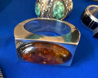 Amber Sterling ring. Turquoise Sterling Navajo Cuff bracelet SJB