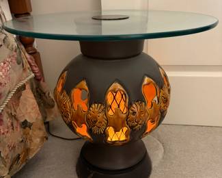 Table Lamp w integrated light and Lion Face medallions - glass top