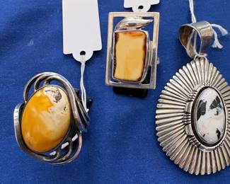 2 Butterscotch/egg yolk amber and silver rings. Charlie Bowe (CB) Sterling Setting w white Buffalo Stone Pendant