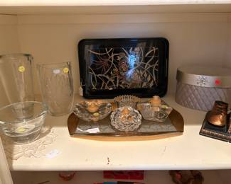Heavy glass etched vases and bowls, heavy crystal votive lights, decorative trays and boxes