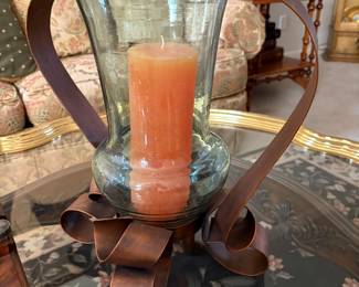 Beautiful Scrolled Iron bronzed candle holder with large globe and candle