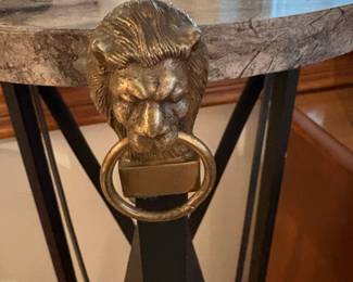 Vintage Maisen Jansen Style Marble Top Sculpture Stand featuring 3 Brass Lion Head 40" w black frame