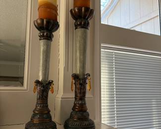 Large candle Holders and Pillars with amber prisims.31" and 28"