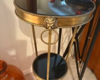 Vintage Bronze/Gold Marble Regency Style Tier Stand 2 Pawfeet. Neoclassical featuring 3 Brass Lion Head w Ring 36"T