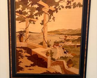 Framed picture of original vintage Italian wood inlay art often referred to as marquetry. ( this is a photo of not the actualy wood inlay art piece)