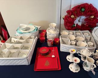 China Snack Sets,Christmas Trays and coasters. Christmas Nikko settings. Plates, Dessert Plates, Bowls, Candlesticks, Creamer and Sugar, Salt and Pepper Set, Cup and Saucers, Vegetable Bowls and accessories