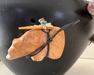 Blackware Zuni vessel featuring a stylized bear fetish adorned with turqoise and coral accents
