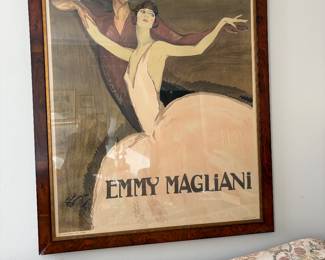 Framed Litho reproduction of the 1923 "Emmy Magliani " ballet poster designed by Jean Gabriel Domerque - mechanical signature . 60"x47". Frame shows wear on lower left hand side.