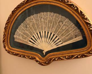 Stunning antique handmade lace hand fan framed in a gilt fan case for display. 21 1/2"x 15 1/2"
