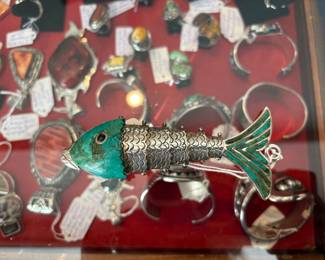 Hecho a Mano (handmade) silver & turquoise articulated fish pendant