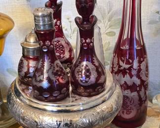 Antique Cut To Clear Cruet Set and Decanter