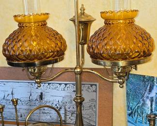 Brass Vintage Student Lamp with Amber Shades