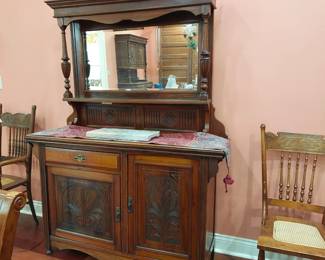Antique sideboard with mirror
H- 72" L- 55" D- 17"