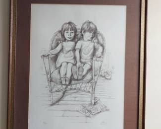 Pencil sketch of children in a chair 