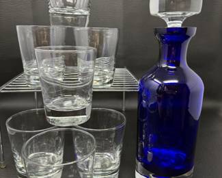 193 7TumblersCobaltBlueBubbleGlassDecanter
