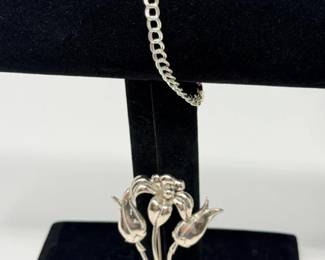293 SterlingSilverDoubleChainBraceletMexicanFlowerBrooch
