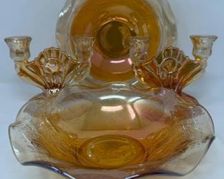 214 VintageCarnivalGlassDoubleCandlesticksFlutterBowls