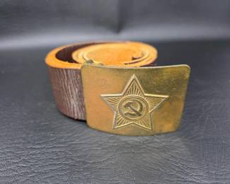 69 VintageSovietArmySoldiersBrownLeatherBeltWithBrassBuckle