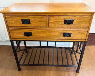 113 Flexsteel3DrawerOakVeneerandBlackMetalTable