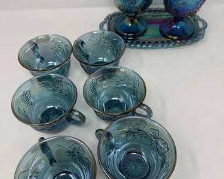 23 MCMIndianaGlassHarvestGrapeBlueCarnivalTeacupsSet
