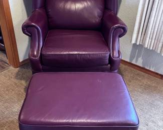 9 BurgundyLeatherWingbackQueenAnneChairwithOttoman