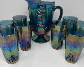 22 MCMIndianaGlassHarvestGrapeBlueCarnivalPitcherTumblersSet