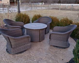 Swivel wicker chairs w cushions 
14 of these chairs we have
Patio fire pit pro pane 