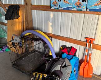 Life jackets, rope for pulling tubes or skis , paddles, rafts , 
Large & small dog kennel 
