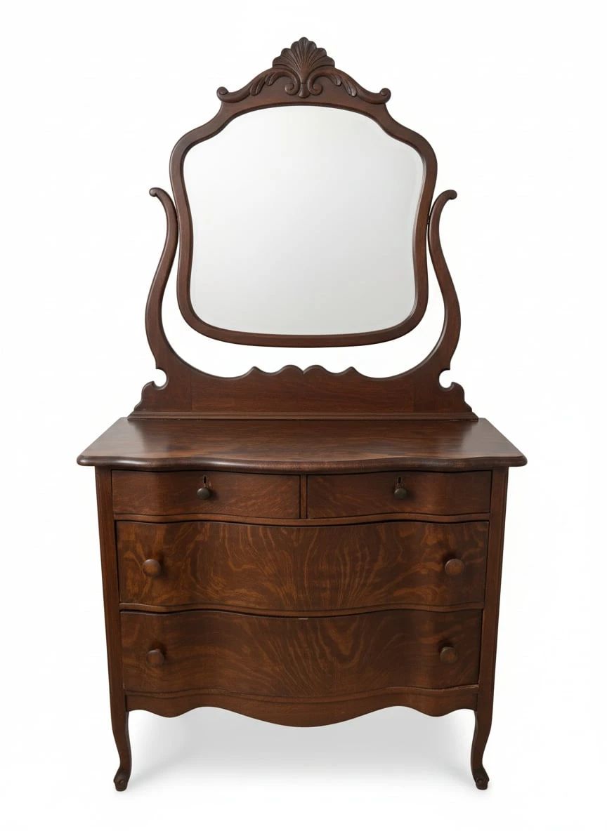 Antique Tiger Oak Serpentine Front Dresser with Decorative Boxes second image