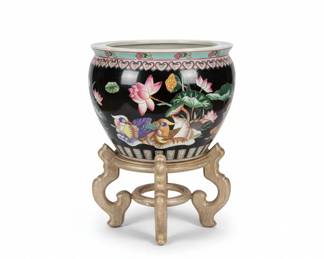 Chinese Famille Noire Porcelain Fish Bowl with Mandarin Ducks and Lotuses second image