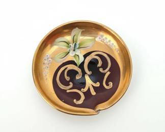 Vintage Murano Hand Painted Amber Glass and Gilt Decorative Dish